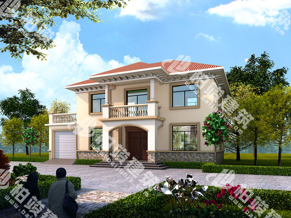 二層自建房設(shè)計圖，簡歐風(fēng)格，帶車庫雙露臺