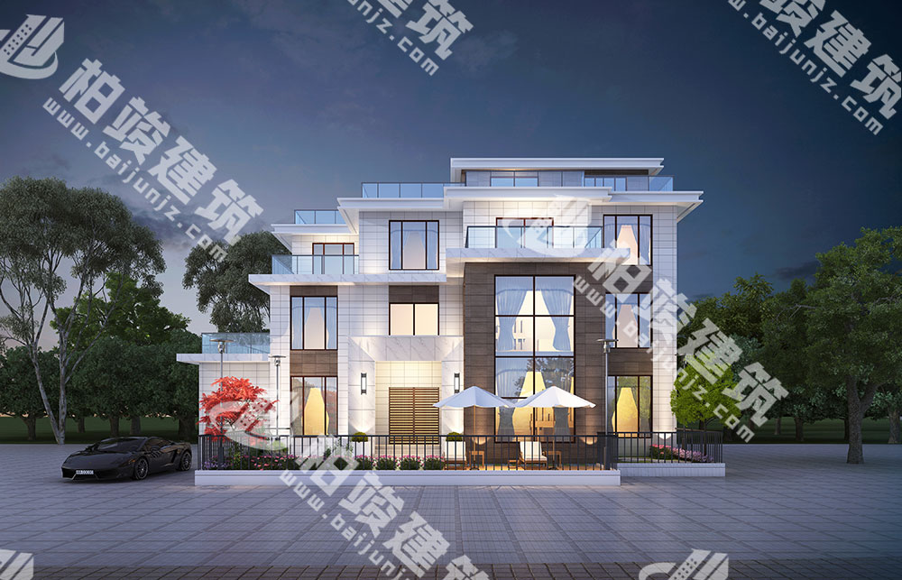 農(nóng)村三層自建房設(shè)計(jì)圖，現(xiàn)代感外形，平屋頂設(shè)計(jì)，帶車(chē)庫(kù)、5露臺(tái)