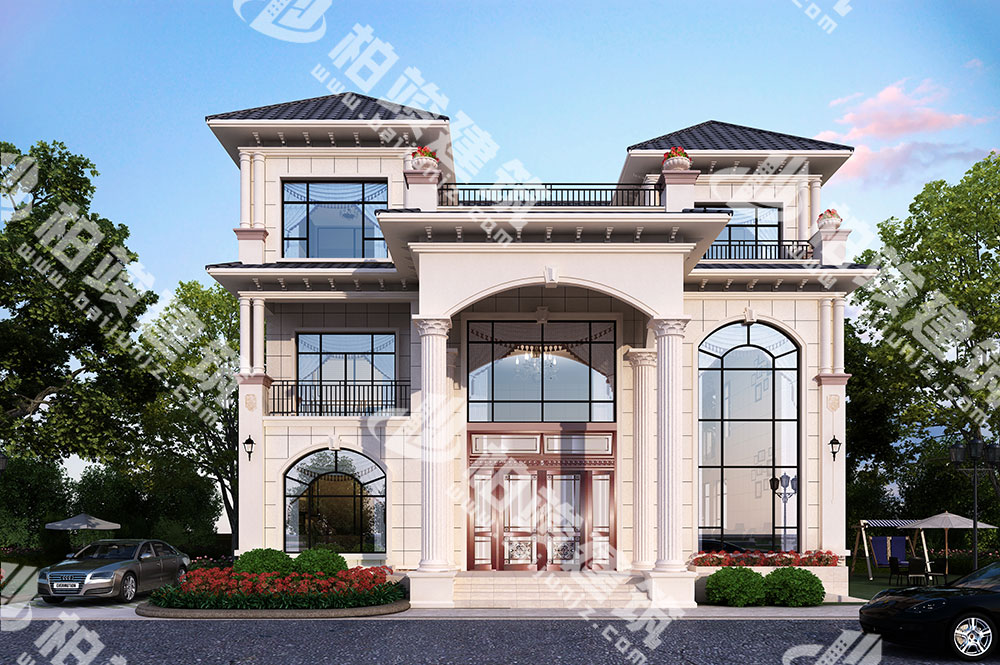 農(nóng)村三層簡(jiǎn)歐風(fēng)別墅設(shè)計(jì)圖，超寬闊門(mén)庭大氣尊貴，帶挑空客廳落地窗