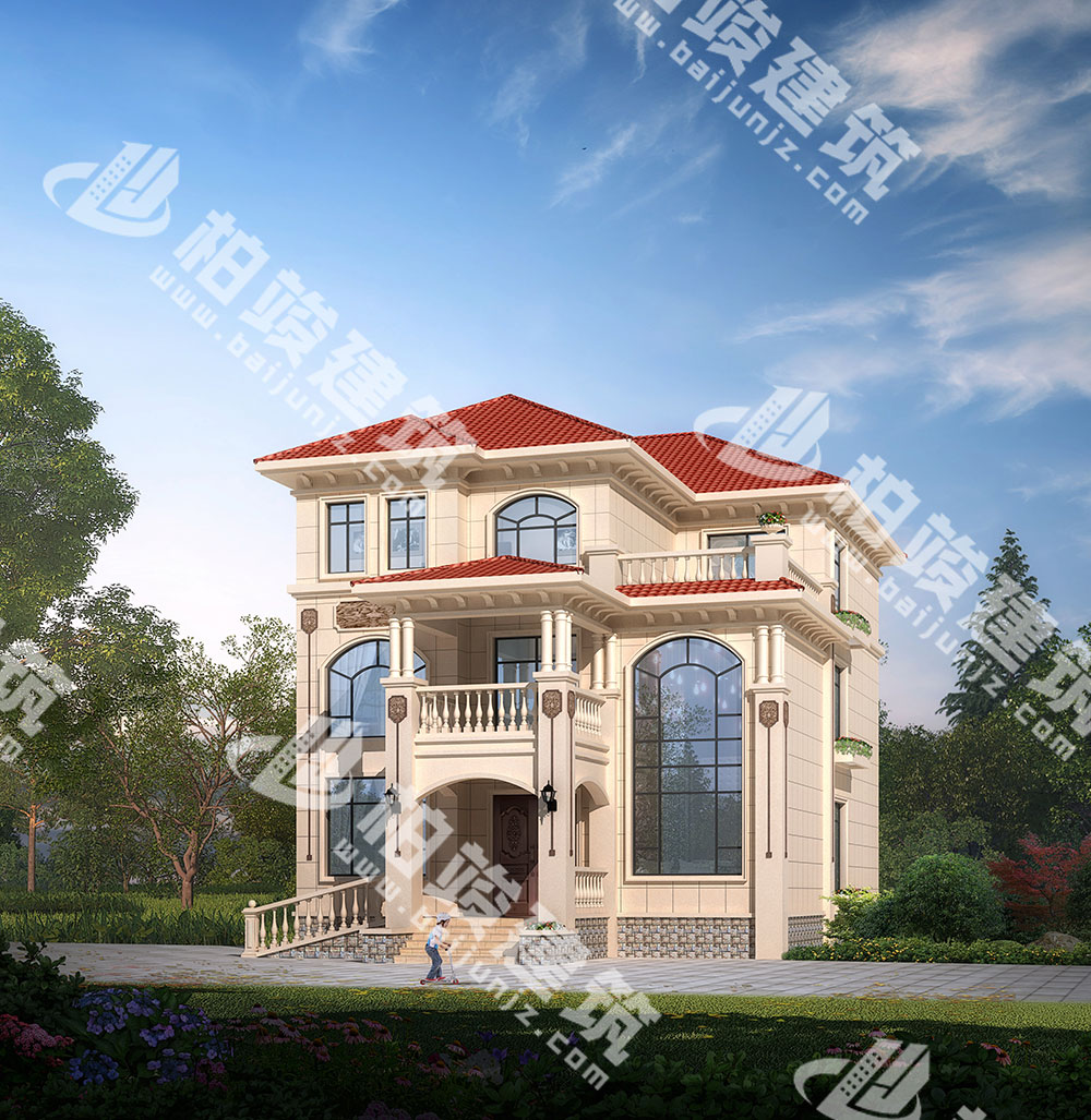 農(nóng)村三層別墅設(shè)計(jì)圖紙，簡(jiǎn)歐風(fēng)格，帶雙層落地窗、輪椅坡道