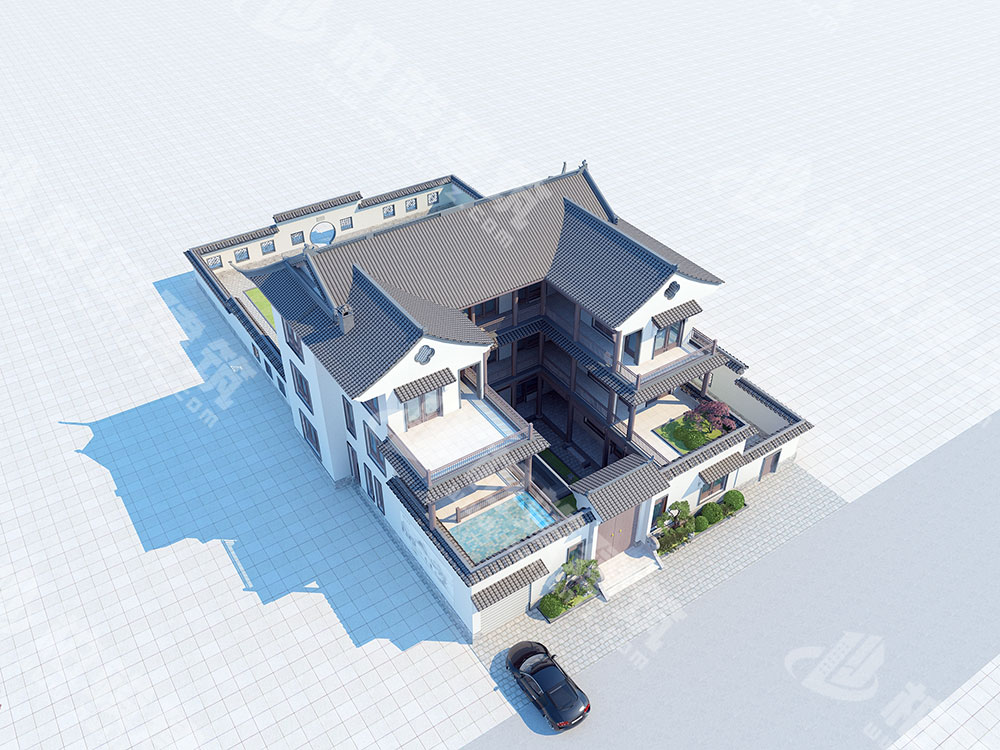 農(nóng)村自建三層三合院設(shè)計(jì)圖，內(nèi)部10室，帶大面積中式庭院