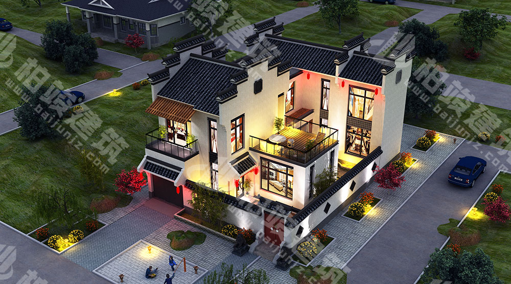 農(nóng)村自建二層新中式別墅，造型別致古樸，風(fēng)水好，帶庭院