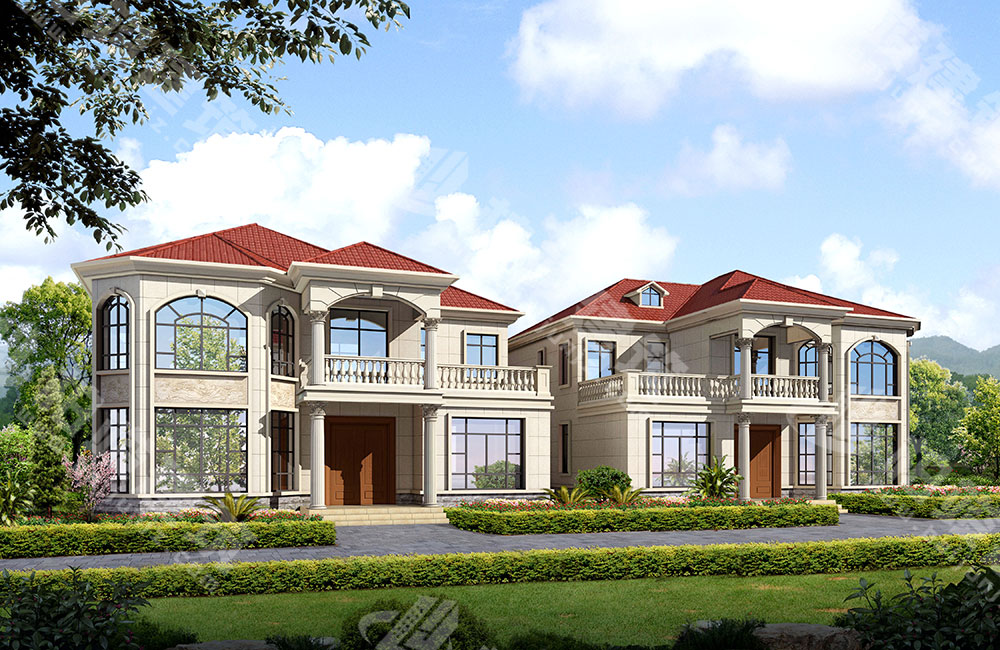 農(nóng)村二層小別墅設(shè)計(jì)，簡歐風(fēng)格，挑空客廳帶八角落地窗，采光絕佳