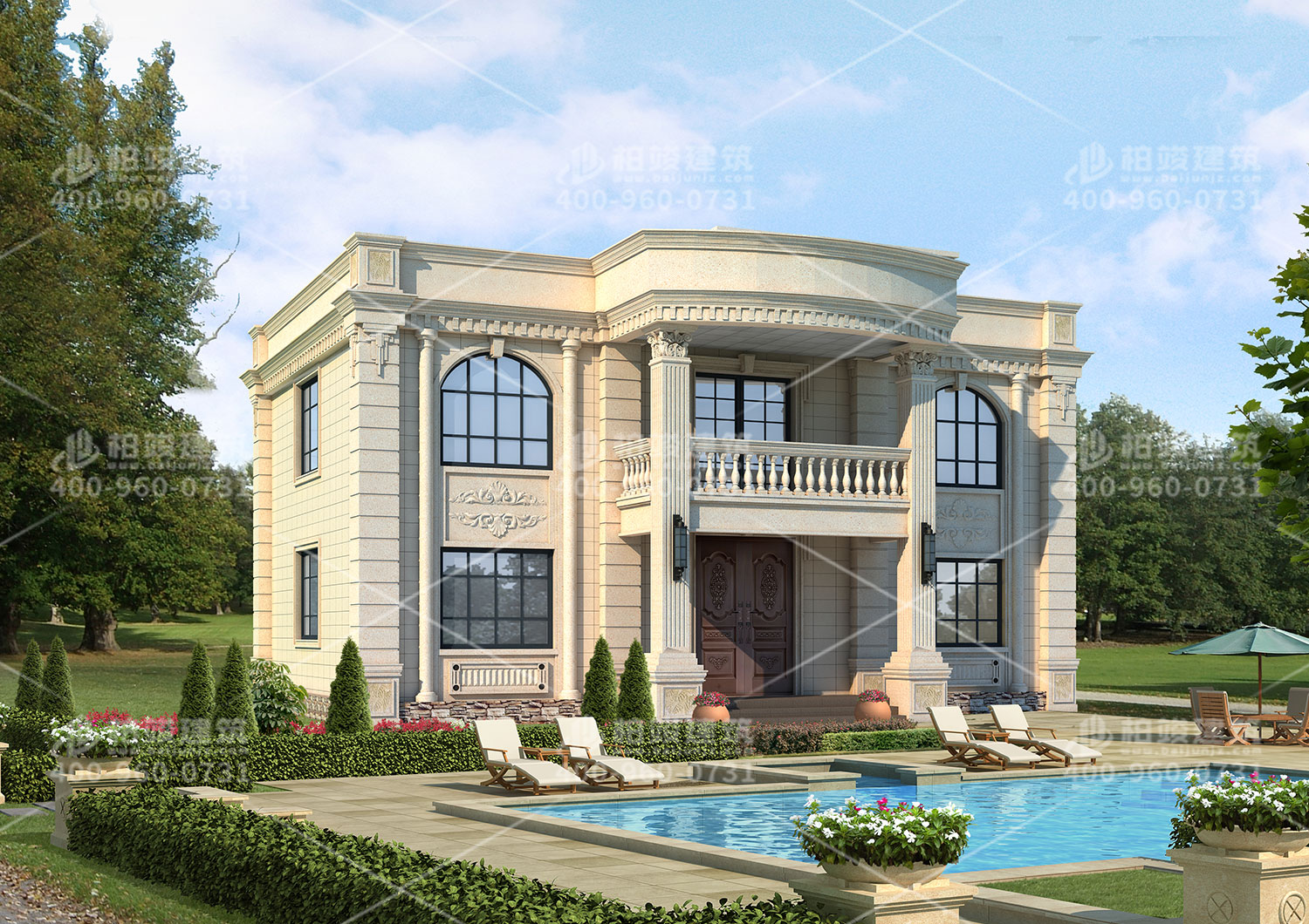 二層別墅設計效果圖，帶羅馬柱。