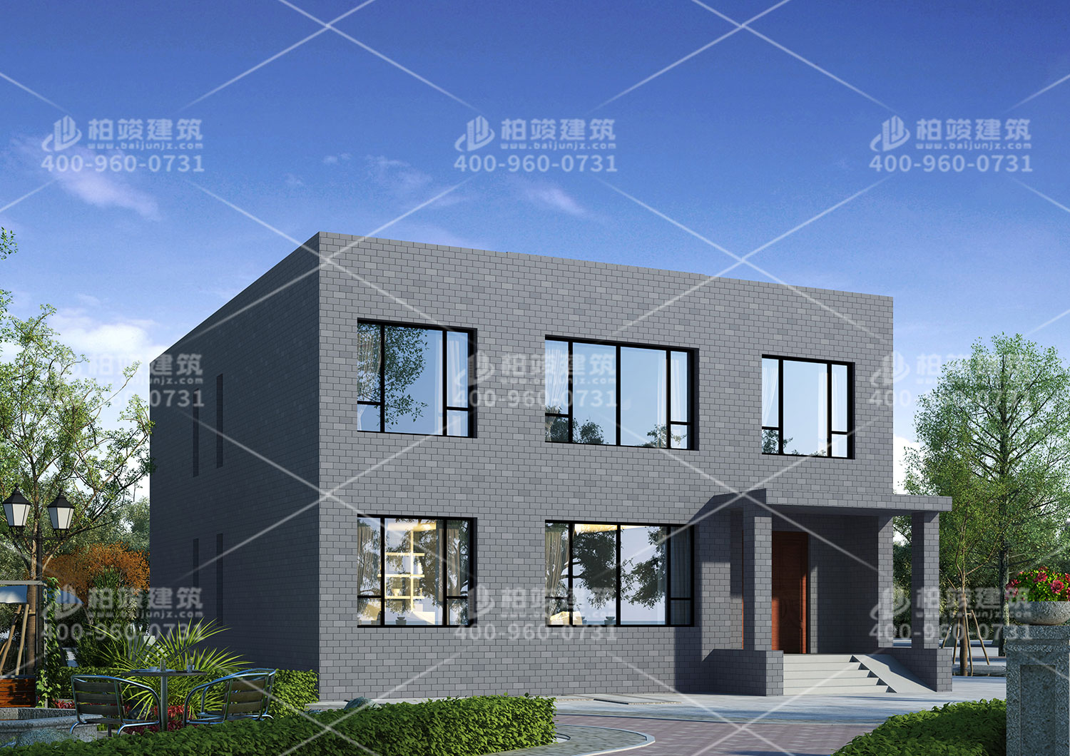 二層豪華別墅設計，平房頂設計。