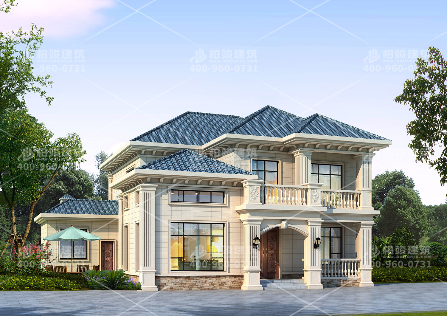 新中式別墅設(shè)計(jì)圖，帶輔房墨綠色房頂。