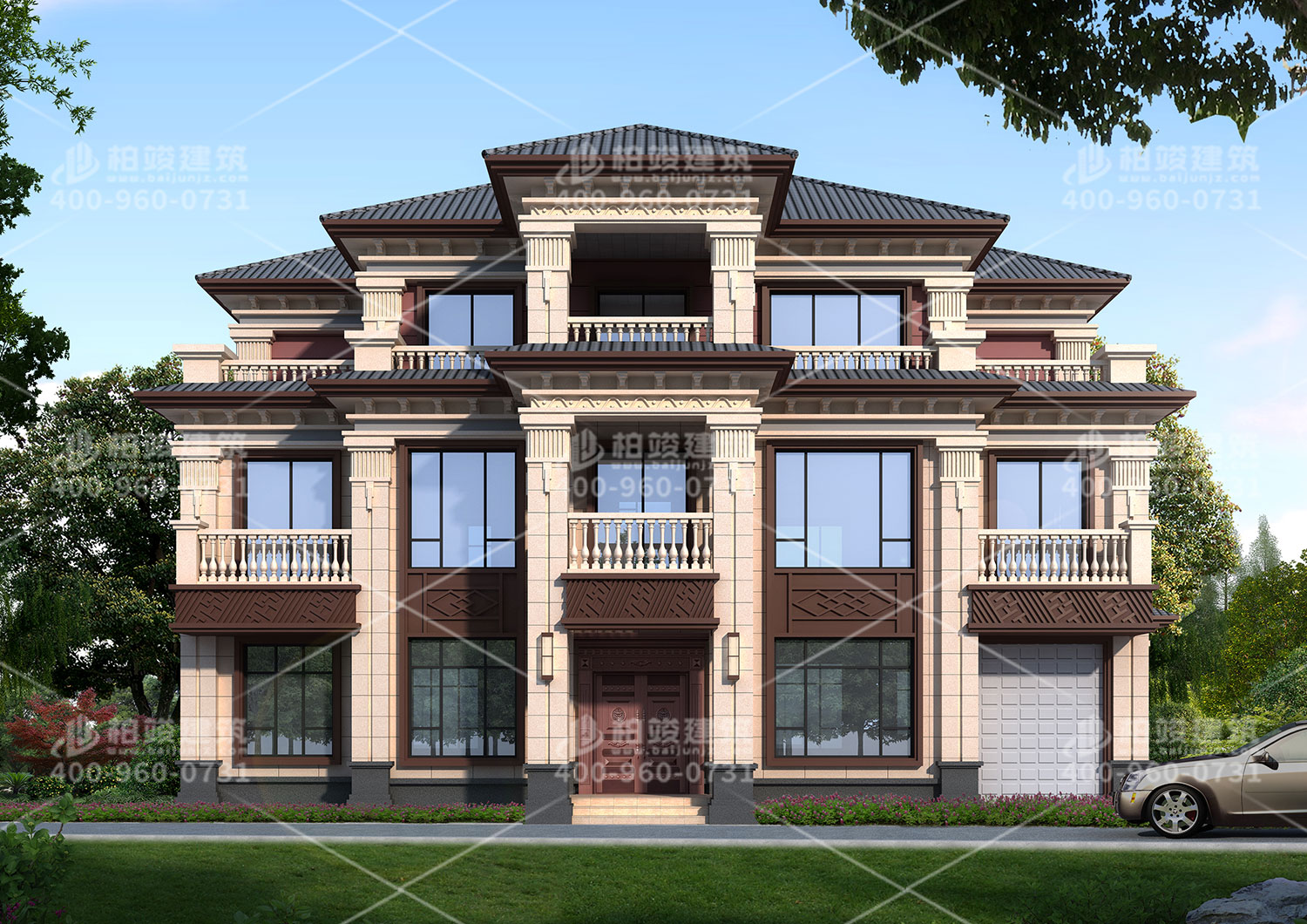 三層新中式別墅效果圖大全，帶車庫(kù)大面積豪華別墅。