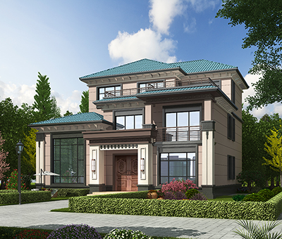 鄉(xiāng)村三層樓房設(shè)計(jì)圖，墨綠色斜屋頂。