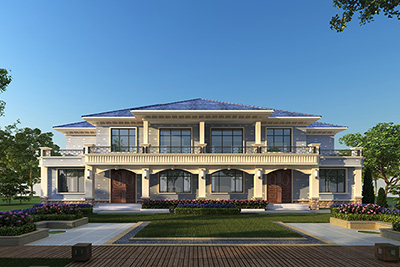 二層雙拼別墅設(shè)計(jì)，米白色和灰色搭配的外墻。