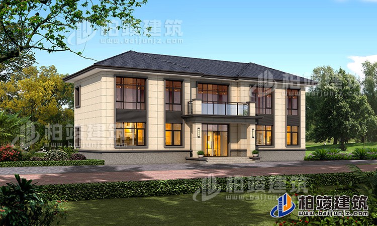 新中式二層別墅，米白色格子線條外墻十分好看。