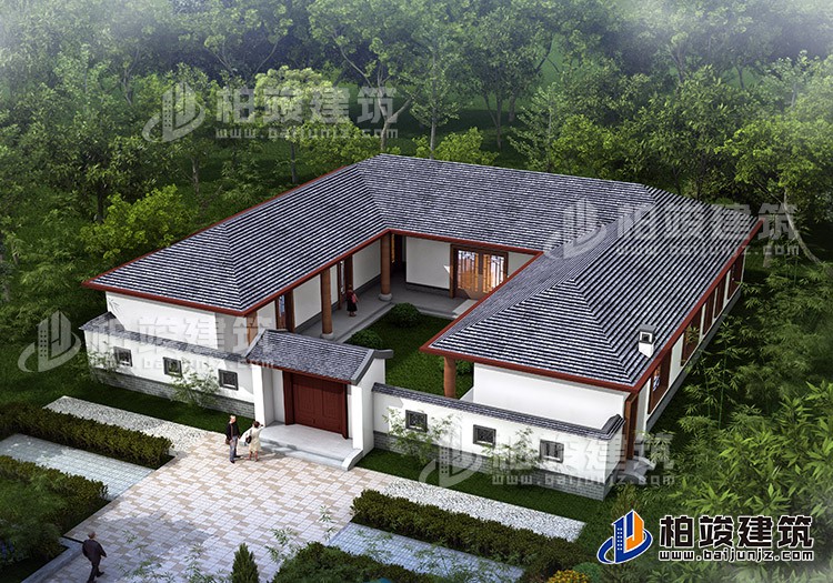 中式三合院平房設(shè)計(jì)圖及效果圖、施工圖BZ168-新中式風(fēng)格