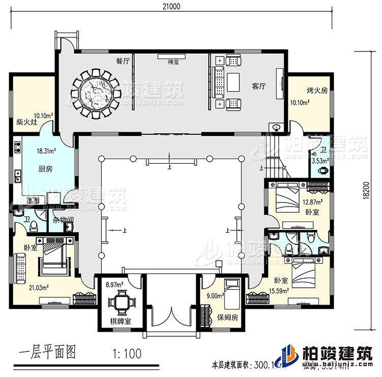 一層：客廳，餐廳，烤火房，廚房，4衛(wèi)生間，3臥室，雜物間，棋牌室，保姆房