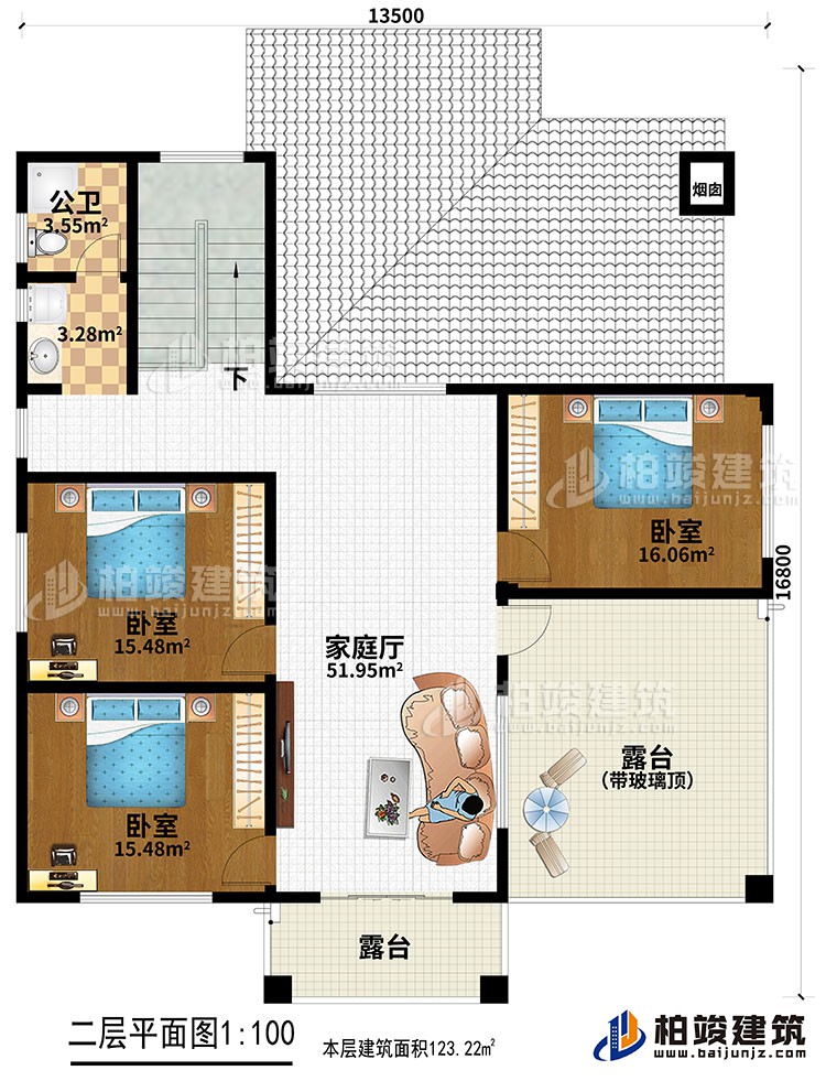 二層：3臥室，家庭廳，2露臺，公衛(wèi)。