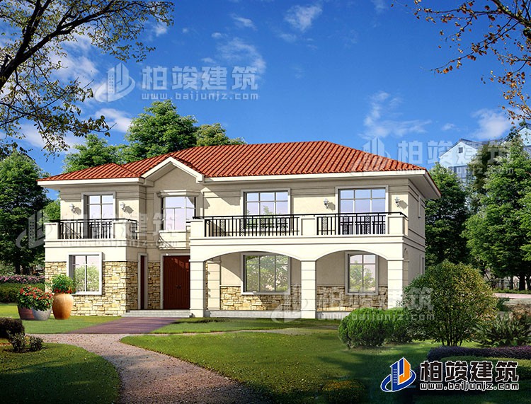 二層歐式小別墅設(shè)計方案，全套建筑設(shè)計圖紙+外觀效果圖BZ287-簡歐風(fēng)格