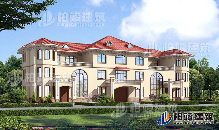 新款農村三拼三戶別墅設計圖及效果圖三層戶型，外觀靚麗新穎BZ387-簡歐風格