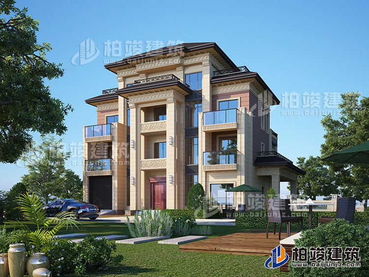 新款農(nóng)村四層別墅設(shè)計(jì)圖紙及效果圖，外立面清新別致BZ412-新中式風(fēng)格