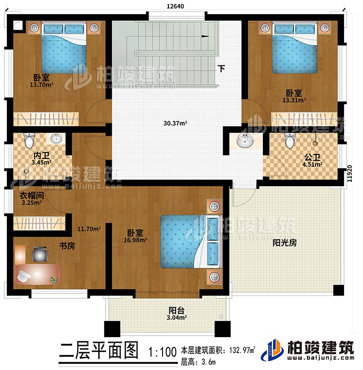 二層：3臥室、內(nèi)衛(wèi)、衣帽間、公衛(wèi)、陽光房、陽臺、書房