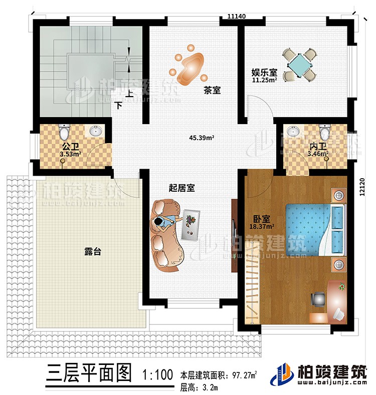 三層：起居室、茶室、娛樂室、公衛(wèi)、內(nèi)衛(wèi)、臥室、露臺