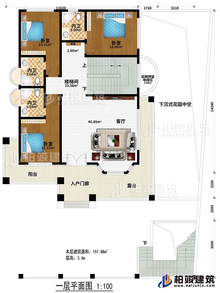 一層：入戶門廊、陽臺、露臺、客廳、樓梯間、神龕、3臥室、3內(nèi)衛(wèi)、后期預留電梯位、下沉式花園中空