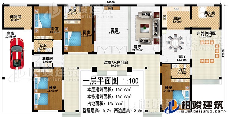一層：過廊/入戶門廊、堂屋、神龕、客廳、餐廳、廚房、柴火房、戶外休閑區(qū)、儲(chǔ)物間、車庫、洗衣房、4臥室、2內(nèi)衛(wèi)、公衛(wèi)