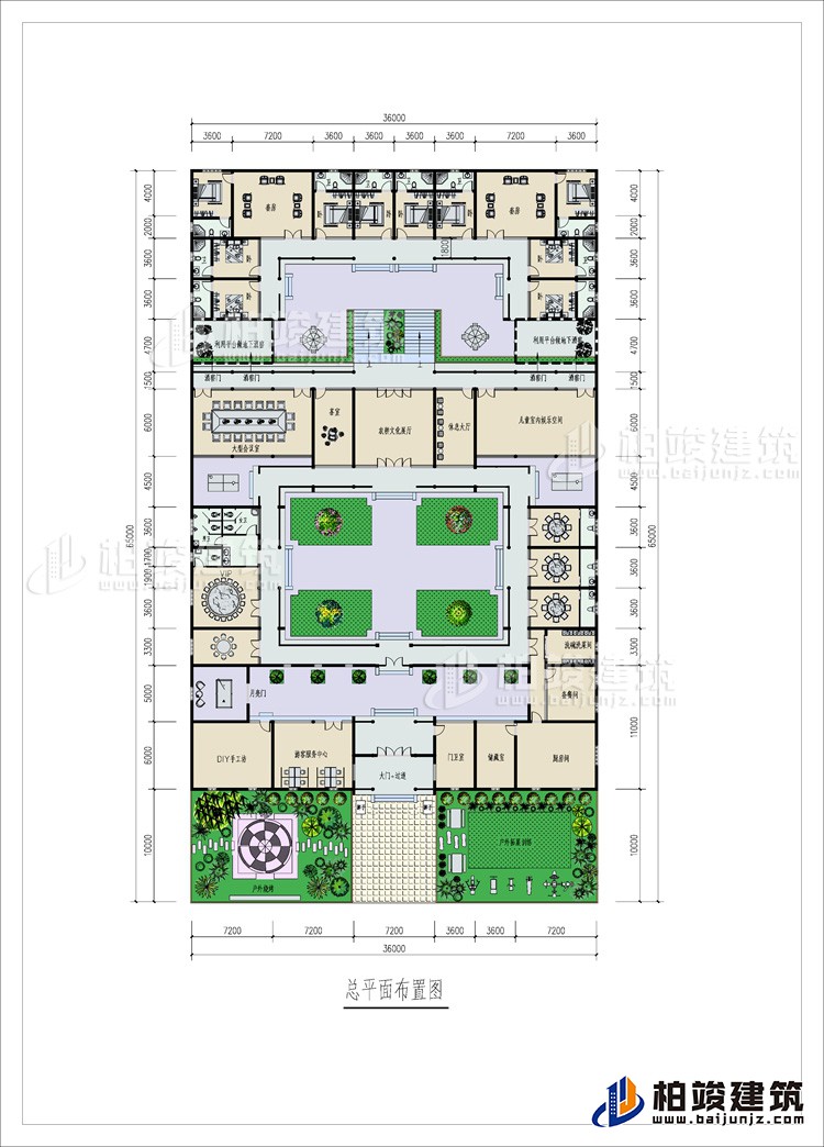 一層：2戶外花園、大門+磚碉、門衛(wèi)室、游客服務(wù)中心、手工坊、3儲(chǔ)藏間、5餐廳、公衛(wèi)、13內(nèi)衛(wèi)、大型會(huì)議室、茶室、文化大廳、休息大廳、兒童室內(nèi)娛樂空間、客廳、10臥室
