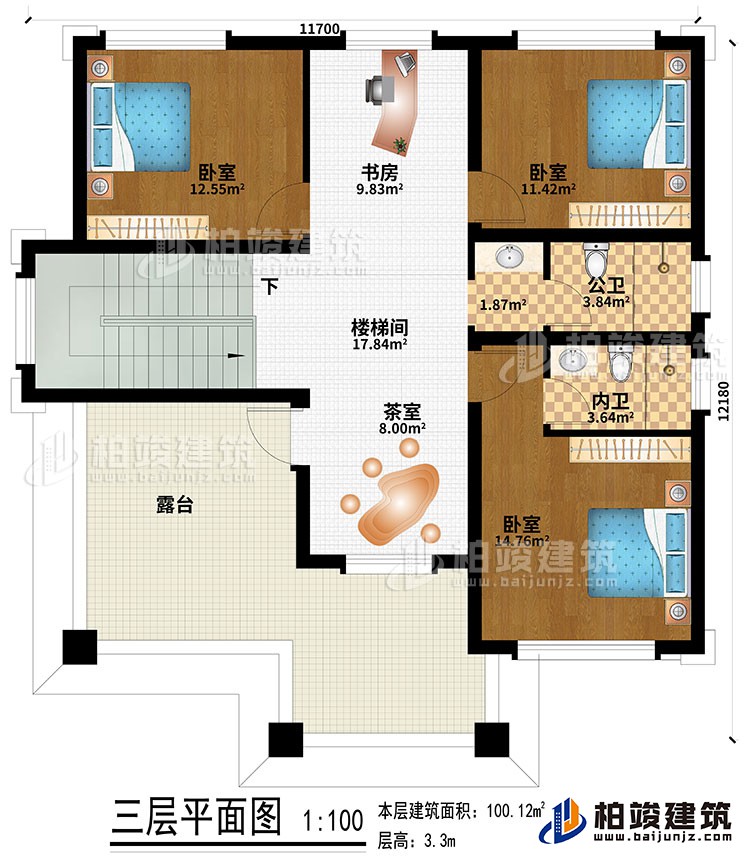 三層：樓梯間、書房、茶室、3臥室、公衛(wèi)、內(nèi)衛(wèi)、露臺