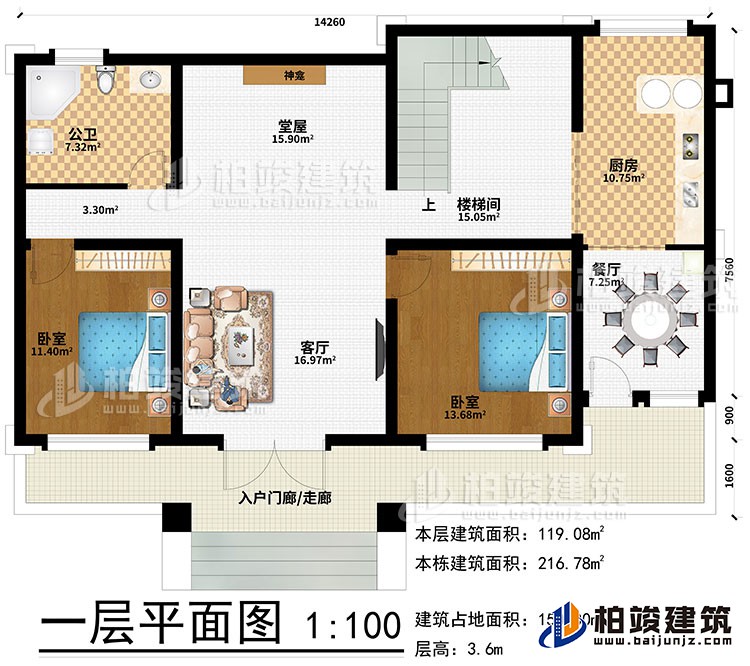 一層：入戶門廊/走廊、客廳、堂屋、神龕、樓梯間、廚房、餐廳、2臥室、公衛(wèi)