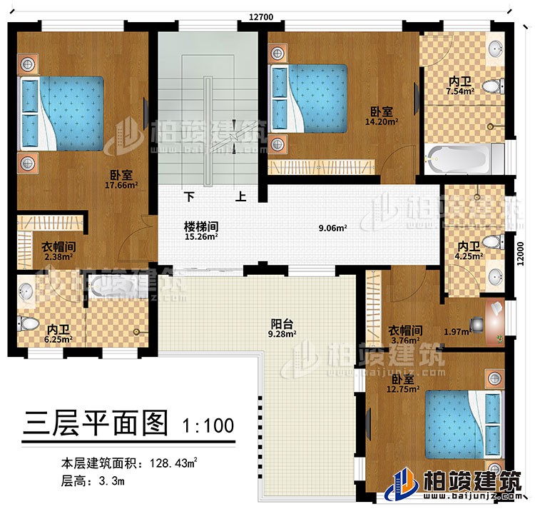 三層：樓梯間、3臥室、2衣帽間、3內(nèi)衛(wèi)、陽臺
