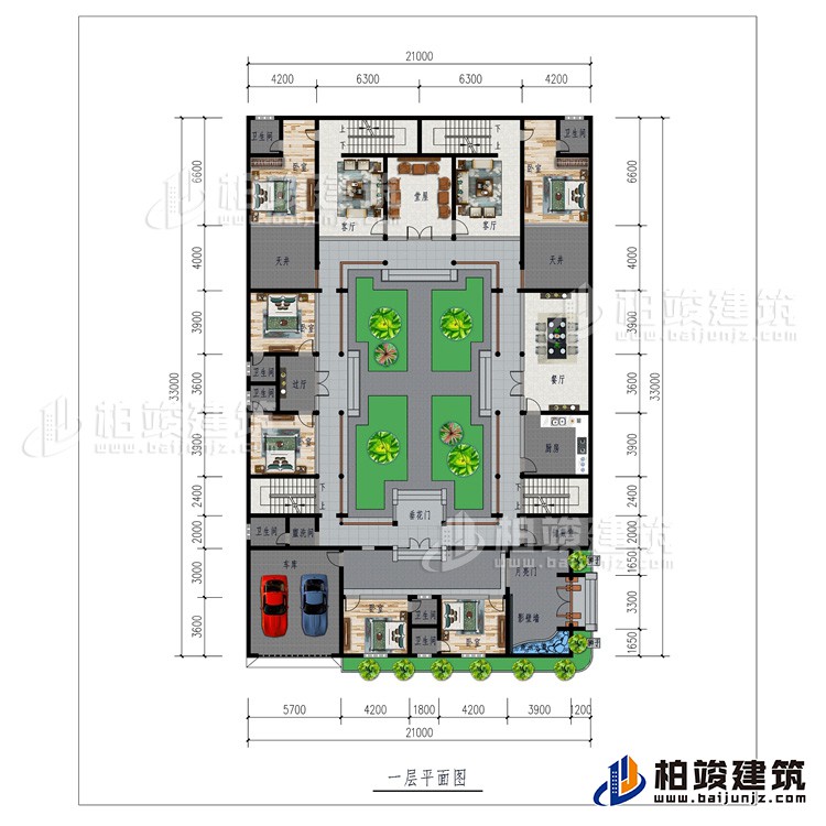 一層：月亮門、影壁墻、6臥室、車庫(kù)、6內(nèi)衛(wèi)、公衛(wèi)、儲(chǔ)藏室、廚房、餐廳、過(guò)廳、2天井2客廳、堂屋、垂花門