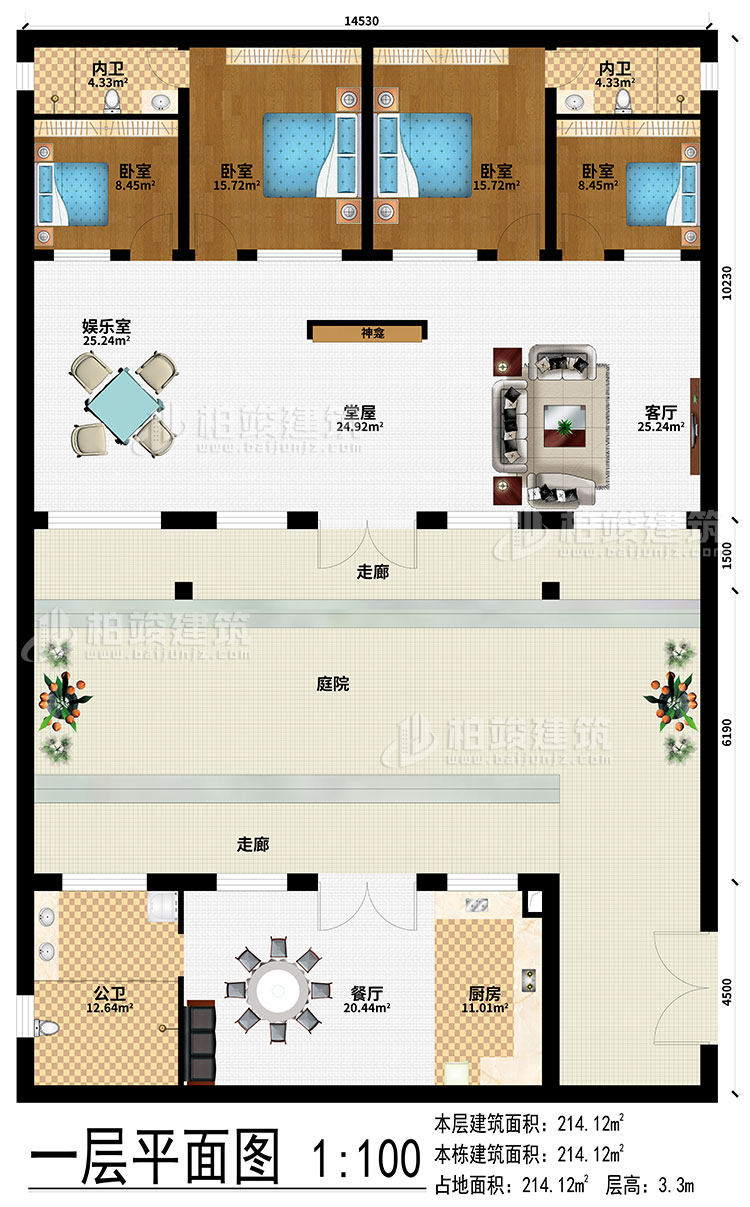 一層：2走廊、廚房、餐廳、堂屋、神龕、客廳、娛樂(lè)室、4臥室、2內(nèi)衛(wèi)、公衛(wèi)
