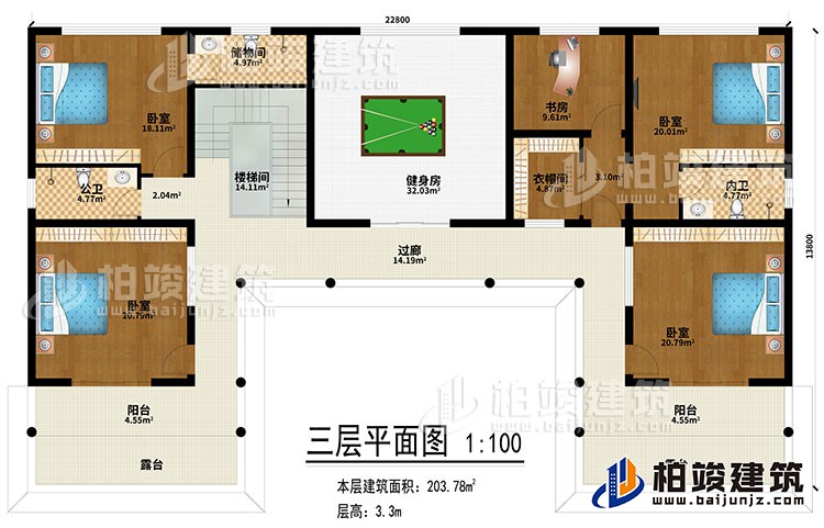 三層：健身房、過廊、樓梯間、4臥室、書房、衣帽間、公衛(wèi)、2內(nèi)衛(wèi)、2陽臺、2露臺、