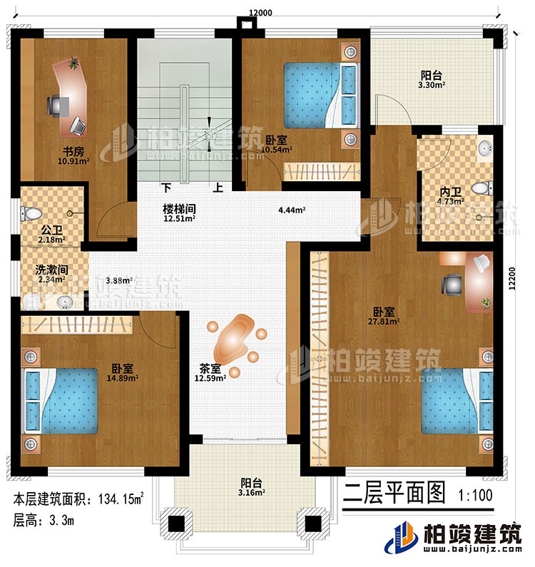 二層：樓梯間、茶室、3臥室、洗漱間、公衛(wèi)、內(nèi)衛(wèi)、2陽(yáng)臺(tái)