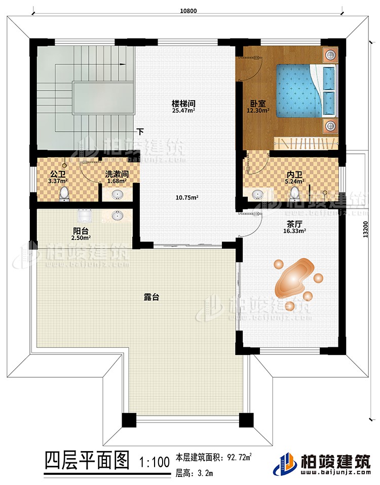 四層：樓梯間、臥室、洗漱間、公衛(wèi)、內(nèi)衛(wèi)、陽臺(tái)、露臺(tái)