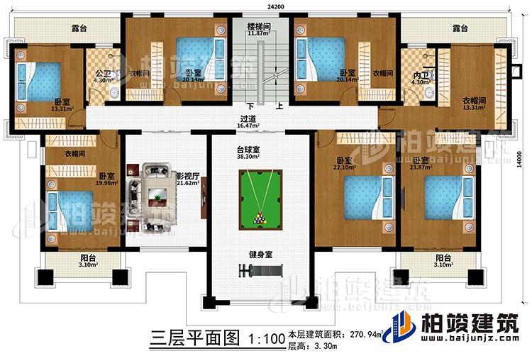 三層：過(guò)道、樓梯間、影視廳、臺(tái)球室、健身室、6臥室、4衣帽間、公衛(wèi)、內(nèi)衛(wèi)、2露臺(tái)、2陽(yáng)臺(tái)